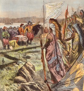 Fondation de la ville de Québec par Samuel de Champlain (lithographie couleur)