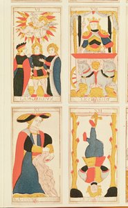Quatre cartes de tarot représentant les Amoureux, le Chariot, la Force et le Pendu (gravure sur bois en couleur)