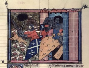 Croisés montés combattant les Sarrasins vers 1185, du Roman de Godefroi de Bouillon - French School