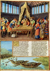 Fr 5594 f.267v Bayezid I recevant la rançon, des Passages faits Outremer écrits par Sébastien Mamerot, vers 1490 - French School