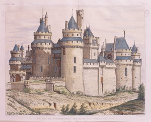 France, Château médiéval de Pierrefonds, restauré par Viollet-le-Duc du Moniteur des Architectes, gravure