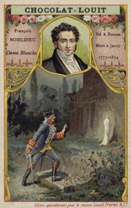 François-Adrien Boieldieu, compositeur français, et une scène de son opéra La Dame Blanche (chromolitho)