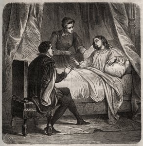 Françoise de Foix, Comtesse de Châteaubriant (vers 1495-1537), malade, reçoit Clément Marot (1496-1544), le valet de François 1er, au lit. Gravure de 1871 dans "Histoire Des Cocus Célèbres" par Henry de Kock
