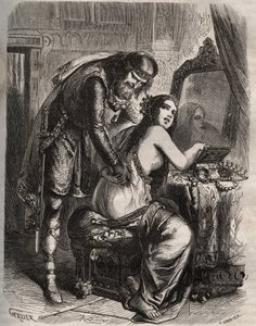 Frédégonde prend son mari, le roi des Francs Chilpéric Ier, pour son amant, Landéric. Le roi découvre que sa femme le trompe. Gravure de 1871 dans "Histoire Des Cocus Célèbres" de Henry de Kock
