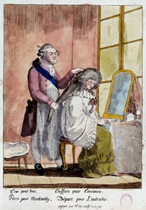 Révolution française : Caricature sur la fuite de la famille royale à Varennes les 20 et 21/06/1791 : le roi Louis XVI coiffant la reine Marie-Antoinette devait partir avec le faux passeport de gouvernante des enfants de la baronne de Korff. Anonyme en cou