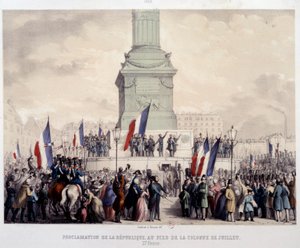 Révolution française de 1848 : proclamation de la Deuxième République au pied de la colonne de Juillet sur la place de la Bastille le 25/02/1848. Lithographie du XIXe siècle. Paris, Musée Carnavalet - French School