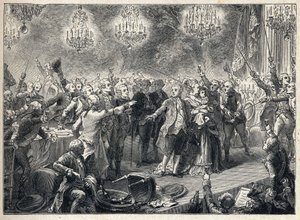 Révolution française : les royalistes prêtent serment de fidélité à la monarchie en présence du roi Louis XVI (1754-1793), de la reine Marie-Antoinette (1755-1793) et du dauphin au banquet des gardes du corps organisé le 1er octobre 1789 dans l