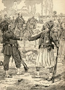 Soldats français et sardes se serrant la main pour célébrer leur victoire contre les Autrichiens après la bataille de Palestro, Italie - French School