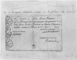 Billet de banque français de dix livres de la Banque Law, daté du 1er avril 1719 - French School