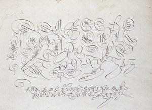 Calligraphie française : Planche de capitales, gravure de Frisius, calcographe du roi par Robert Vignon dans le jardin de l