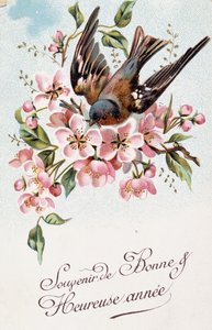 Carte postale française de nouvel an représentant des fleurs et un oiseau