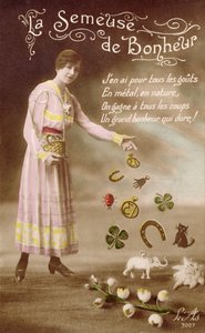 Carte postale française représentant La Semeuse de Bonheur, 29 mars 1914