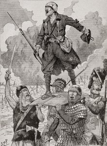 Affiche de propagande française intitulée « On Les Aura ». Quatre soldats de différentes périodes historiques portent un soldat de la Première Guerre mondiale blessé mais défiant sur un bouclier. De l