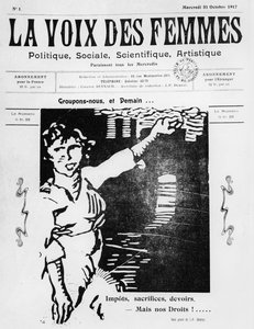 Couverture de La Voix des Femmes, publiée à Paris, octobre 1917 (papier imprimé et gravure sur bois)