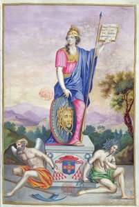 Frontispice illustration allégorique de la déesse Minerve de Les Panégyriques des Hommes Illustres de Notre Siècle par Puget de la Serre, 1655