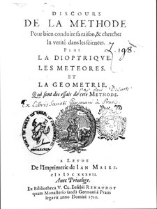 Frontispice du Discours de la Méthode suivi de La Dioptrique, Les Météores et La Géométrie par René Descartes, publié pour la première fois à Leyde en 1637