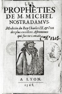 Frontispice de Les Prophéties de M. Michel de Nostradamus (1503-66), avec un portrait de Nostradamus, publié à Lyon 1568 - French School