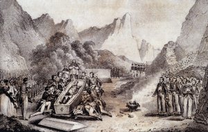 Funérailles de Napoléon Ier : exhumation du corps de Napoléon à Sainte-Hélène - dessin de Levilly, dans « Peinture historique des funérailles de Napoléon » par M. St Maurice, vers 1851.