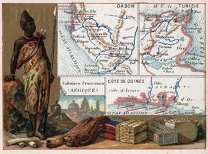 Gabon, Tunisie et la côte de Guinée en Afrique. Série sur les colonies françaises. Matières premières : gomme, éponge, tabac et soies, ivoire. Chromolithographie « le fil géographique », vers 1920. Collection privée.