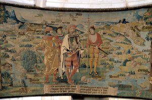 Galathes, fondateur de la Gaule, entoure des compagnons sur un fond de paysage représentant la carte de la Gaule vue du Nord, avec mers et rivières, noms des différentes régions et détails des animaux vivant dans ces régions. Tapisserie de « La fabul