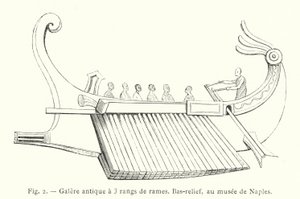 Galère antique à 3 rangs de rames, bas-relief, au musée de Naples