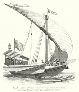 Galère pontificale à voiles et à rames, pourvue de grosses pièces, dessinée par Breugel le Vieux et gravée par F. Huys, XVIe s (gravure) - French School