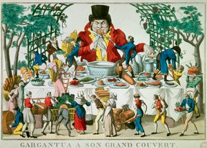 Gargantua personnage des romans de François Rabelais (1494-1553), écrivain français. Gargantua a un grand dais et a toutes sortes de plats. Estampes du 19ème siècle Paris, Musée Carnavalet - French School