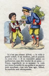 Générosité. Enfant donnant la moitié de son goûter à un petit mendiant. Alphabet des petits garçons. Abécédaire à valeur morale contenant des exercices de lecture. Imagerie d