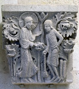 Dieu ordonnant à Adam de travailler la terre, chapiteau original de la nef de la cathédrale