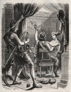Mythologie grecque : "Ce cri fut poussé par Paris". Paris surprend Hélène avec Périthoos. Gravure de 1871 dans "Histoire Des Cocus Célèbres" par Henry de Kock - French School