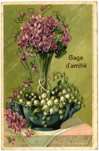 Salutations avec bouquet de fleurs et brins de muguet.
