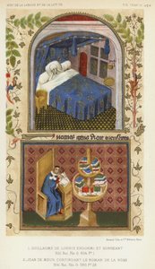 Guillaume de Lorris endormi et songeant, Jean de Meun continuant le Roman de la Rose - French School