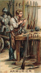 Armurier au travail dans son atelier (chromolitho) - French School