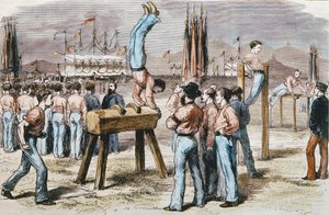 Compétition de gymnastique, 1876 (gravure en couleur)