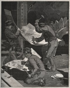 Martelage et assemblage des pièces de la Statue de la Liberté réalisée par Frédéric Auguste Bartholdi (1834-1905). Gravure de 1880 dans « Les arts et métiers illustrés » par Adolphe Bitard. - French School
