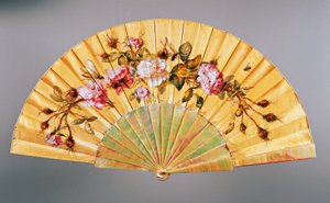 Éventail avec roses et insectes, soie et nacre, créé par Félix Alexandre, Paris, vers 1870