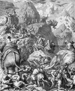 Hannibal traversant les Alpes avec des éléphants pour arriver en Italie (IIe guerre punique). Gravure du XIXe siècle.
