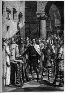 Harold, roi des Anglais, prête serment de fidélité à Guillaume, duc de Normandie (Guillaume Ier) - Harold II (1020-1066) dernier roi anglo-saxon couronné en 1064, prêtant serment sur les reliques sacrées devant Guillaume Ier le Conquérant pour soutenir sa 