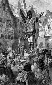 Il tenait un parchemin dans sa main. Gravure illustrant le roman « Pour la patrie ! » de Joséphine Colomb. Dans « Le Journal de la jeunesse »