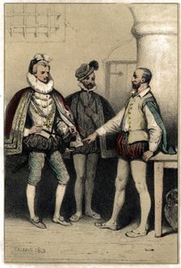 Henri III (1551-1589), roi de France, visitant Bernard Palissy, céramiste, emprisonné à la Bastille. Dans "Scènes de la vie des hommes célèbres" gravure en deux couleurs par Valerio. 1843.