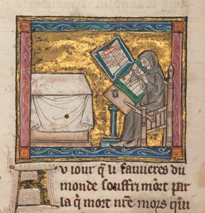 Ermite écrivant à un bureau, miniature de «Estoire del Saint Graal, La Queste del Saint Graal, Morte Artu», c.1315-25