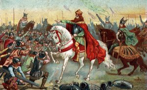Histoire de la Gaule au Moyen Âge : les Saxons germaniques agenouillés devant le roi Charlemagne qui a remporté les guerres. Chromolithographie de la fin du 19e siècle.