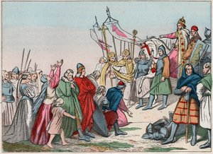 Histoire de la Gaule au Moyen Âge : Saxons germaniques agenouillés devant le roi Charlemagne (742 - 814), vainqueur des guerres - Gravure de la fin du 19ème siècle dans "Nos Gloires Nationales - Images et récits" - French School