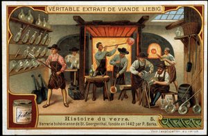 Histoire du verre : Verreries de Bohême de Saint Georgenthal fondées en 1442 par P. Berka. Chromolithographie Liébig de la fin du XIXe siècle