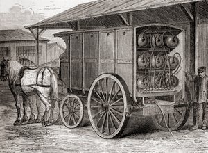 Véhicule hippomobile utilisé pour transporter du gaz comprimé dans des conteneurs portables au 19ème siècle, de Les Merveilles de la Science, publié c.1870 - French School