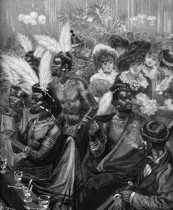 Zoo humain : guerriers zoulous exposés dans une loge au Cabaret des Folies Bergères (Folies-Bergère) à Paris en 1879. Gravure dans « Le Monde Illustré » n°1178 du 21 novembre 1879