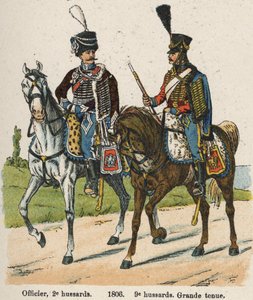 Hussards 1er vendémiaire An XII (24 septembre 1803) : Officier, 2e hussards et 9e hussards en grande tenue en 1806. Planche du livre Les Uniformes de l
