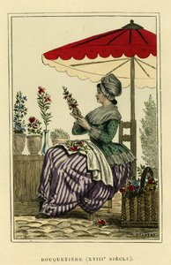 Costume de bouquetin du XVIIIe siècle. Gravure en couleur, dans « France et les Français à travers les siècles » par Augustin Challamel, éditeur F.Roy, Paris 1882. Collection Selva.