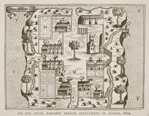 Île Ste. Croix, le premier établissement français en Acadie, 1604, des Voyages de Samuel de Champlain (c.1580-1635), 1613 - French School