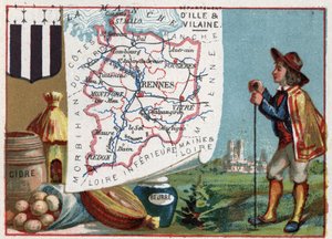 Ille-et-Vilaine (35), Bretagne, France. Cidre et beurre. Série sur les départements français. Chromolithographie « le fil géographique », vers 1920. Collection privée.